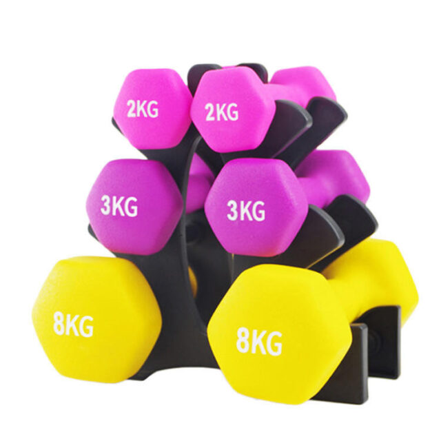 Hex neoprene dumbbell set with rack