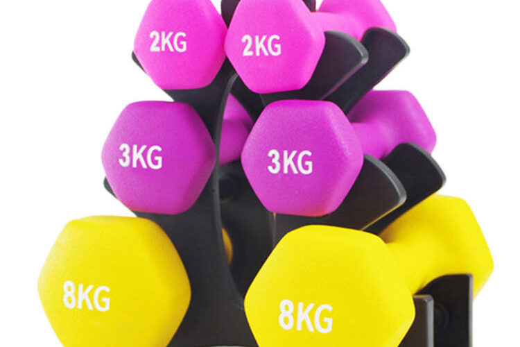Hex neoprene dumbbell set with rack